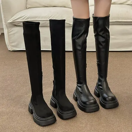 靴子女长筒靴2023年新款秋冬过膝皮靴粗跟显瘦女靴法式气质弹力靴商品大图