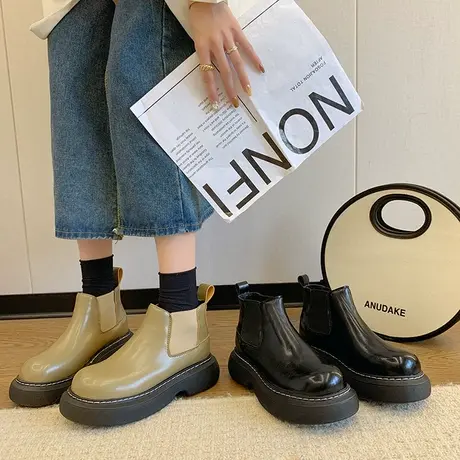 黑色马丁靴女厚底2024秋季新款英伦风套筒短靴切尔西大头靴烟管靴商品大图