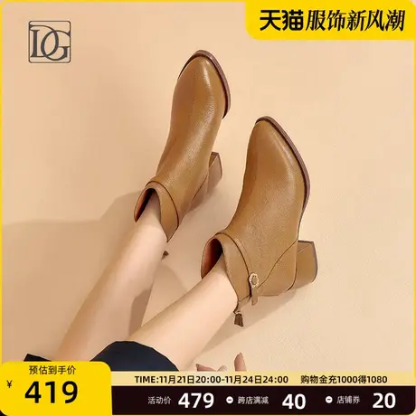 羊皮尖头短靴女粗跟2023新款春秋单靴法式及踝靴真皮短筒靴子图片