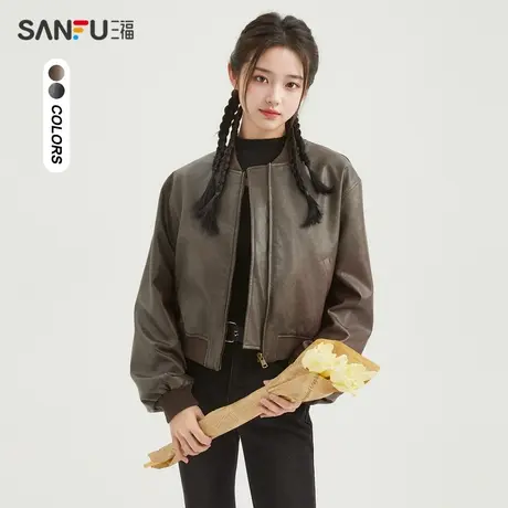 三福皮衣外套女2023新款爆款棒球领夹克厚外套宽松上衣女装479762图片