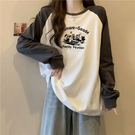 美式复古ins潮撞色插肩袖T恤女宽松大码韩版百搭秋冬德绒长袖上衣商品大图