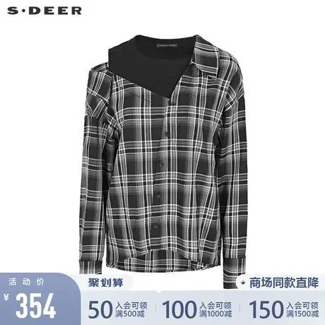 sdeer圣迪奥女22春夏新品不规则领拼接撞色格纹露肩衬衫S221Z0511图片
