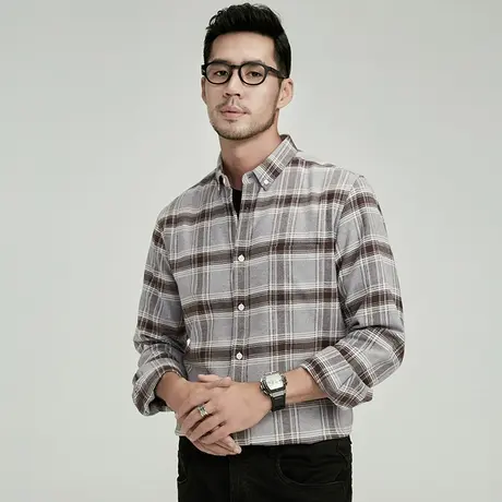 格慕施2023秋季法兰绒纯棉长袖衬衫男士格子磨毛保暖大码宽松衬衣图片