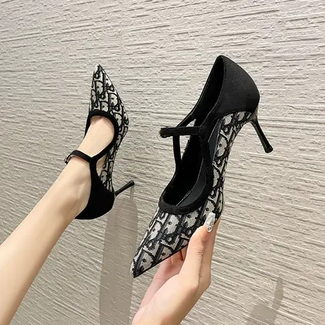 高跟鞋女细跟2024新款性感尖头设计感小众拼色一字带法式气质单鞋图片