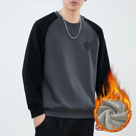 潮牌撞色加绒保暖内搭打底衫秋冬季男生加厚痞帅重磅长袖圆领卫衣商品大图