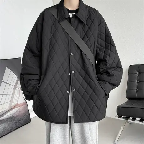春秋季新款菱形格夹棉外套男宽松ins潮流纯色休闲单排扣翻领上衣商品大图