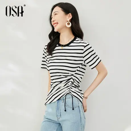 OSA欧莎黑白条纹纯棉T恤女夏季2023年新款收腰显瘦设计感上衣体恤图片