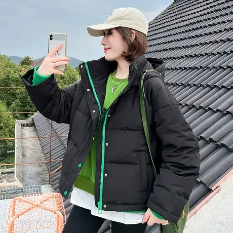 唐狮女净色连帽短款羽绒服冬装防寒外套超好看轻暖面包服宽松加厚图片