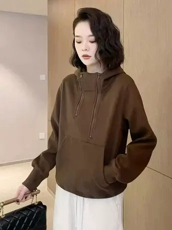 2023秋冬加厚卫衣女外穿新款百搭休闲宽松双拉链德绒连帽上衣外套图片