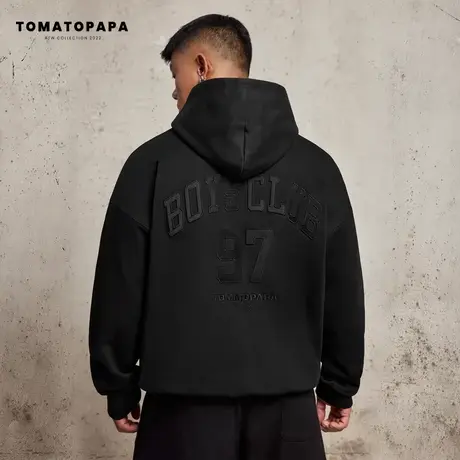 TOMATOPAPA原创冬季连帽卫衣男宽松落肩保暖套头衫潮刺绣logo上衣图片