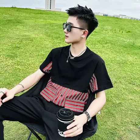 时尚简约男拼接假两件短袖2023夏季新款ins潮t恤美式小众半袖上衣商品大图