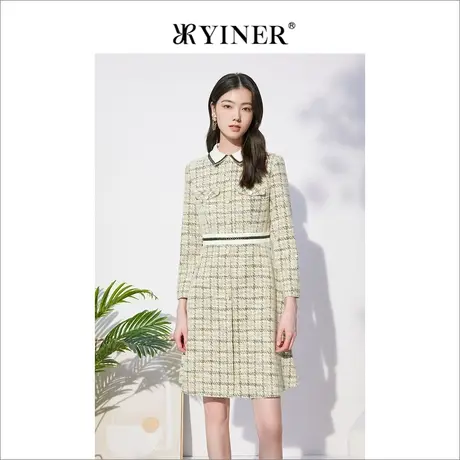 *【小香风】Goodland女装2022秋季小香风粗花呢长袖polo连衣裙商品大图