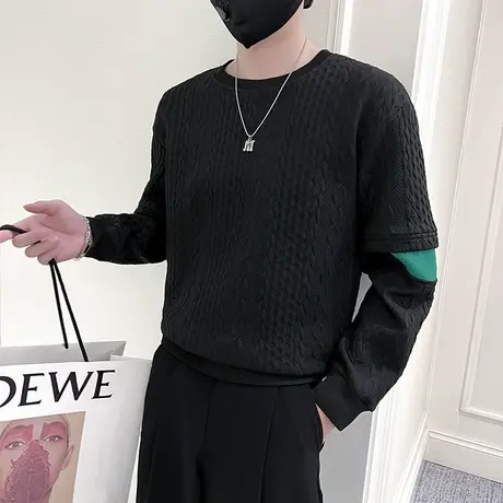 男卫衣春秋季新款假两件ins重磅潮牌宽松圆领长袖t恤休闲百搭上衣图片