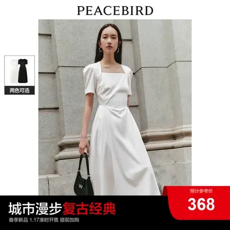 太平鸟法式方领连衣裙女2024春新款茶歇设计感收腰A字中长小黑裙图片
