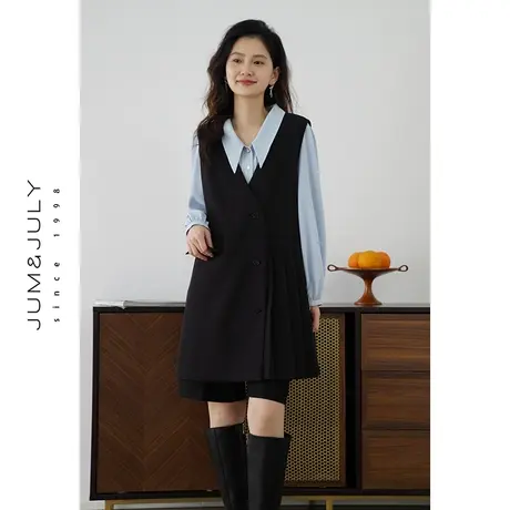 嘉茱莉2024新款时髦两穿西服马甲裙女中长款A字连衣裙百褶西装裙图片