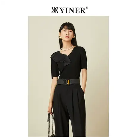 YINER音儿女装夏季真丝拼接荷叶边短袖针织衫套头图片