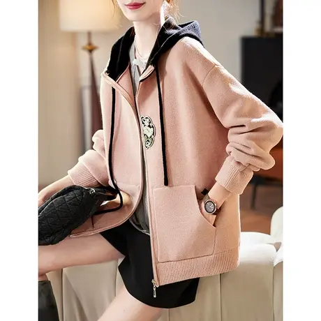 宝诗黎连帽刺绣拼接针织外套2024新款百搭宽松春季长袖女装上衣图片