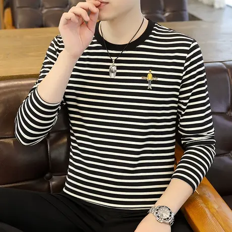 纯棉长袖t恤男2024春秋季潮流条纹打底衫秋衣潮牌秋装修身上衣服图片