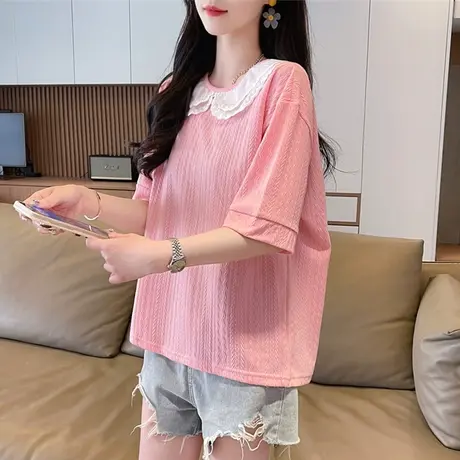 娃娃领短袖t恤女2024新款夏季韩版宽松大码蕾丝拼接小个子上衣服商品大图