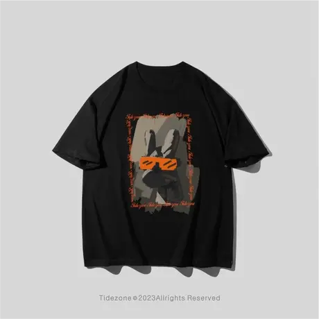 Ohlyah复古动物眼镜兔子印花宽松纯棉青少年短袖T恤男女同款上衣商品大图