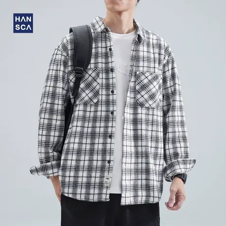 hansca春季衬衫男长袖纯棉休闲日系大码宽松翻领潮流格纹衬衣外套商品大图