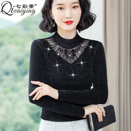 黑色半高领蕾丝打底衫女士内搭网纱上衣秋冬大码女装妈妈加绒小衫图片