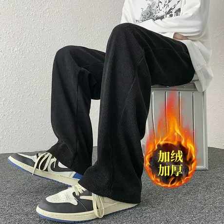 冬季垂感雪尼尔裤子高街ins潮流直筒阔腿男裤加绒灯芯绒休闲长裤商品大图