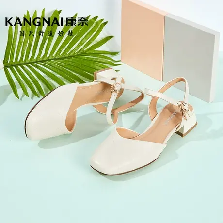 康奈女鞋时尚都市夏季新款包头方跟凉鞋子女士气质一字式扣带鞋子商品大图
