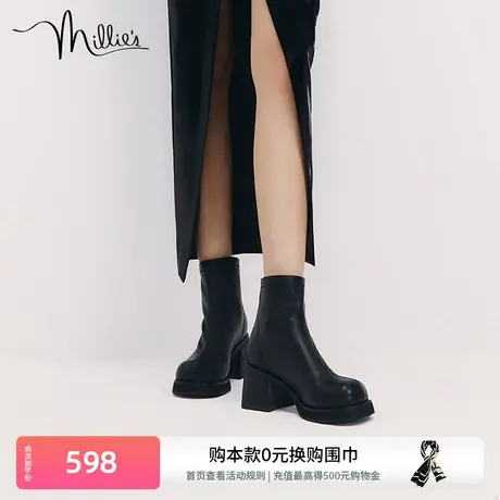 millie's妙丽冬新款法式牛皮时尚简约粗跟时装女短靴SGP23DD2商品大图