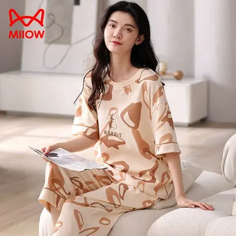 猫人女士睡衣套装夏季薄款两件套居家居服短袖七分裤可外穿起居服图片