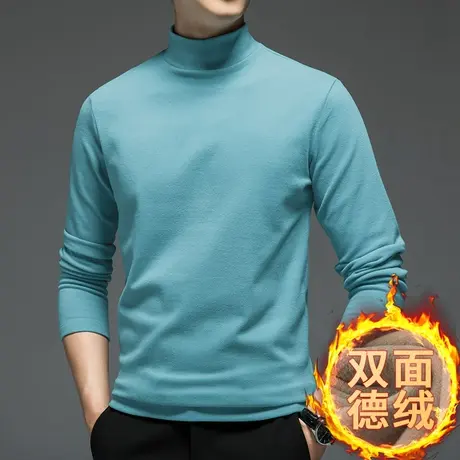 德绒打底衫长袖t恤男半高领纯色秋冬保暖双面绒内搭中领秋衣体恤商品大图