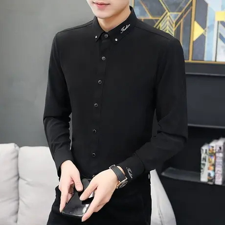 男士黑色衬衫韩版免烫长袖修身衬衣男潮流帅气带弹力刺绣休闲寸衫商品大图