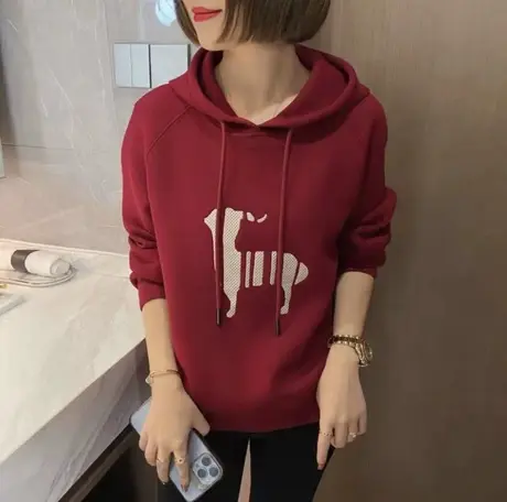 加绒卫衣女2023秋冬新款韩版百搭休闲连帽刺绣短款外套宽松厚上衣商品大图