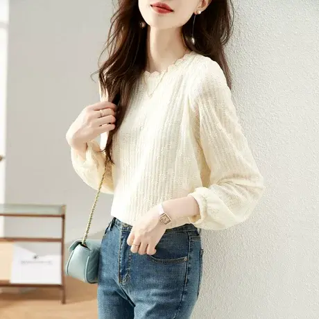 时尚气质蕾丝淑女长袖T恤2023年秋季新款女温柔甜美显瘦通勤上衣商品大图