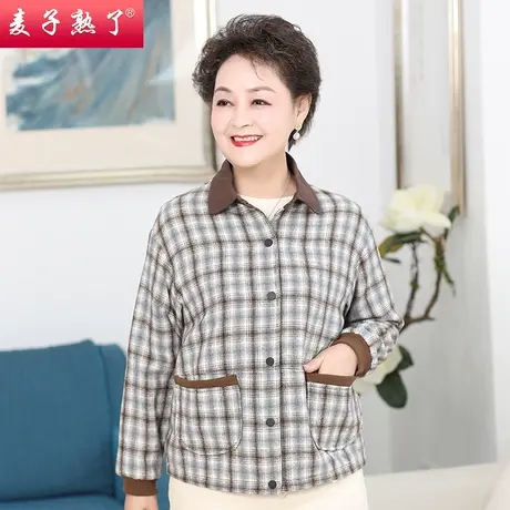 春装妈妈气质外套2021新款春秋翻领衣服中老年人女装洋气格子上衣图片
