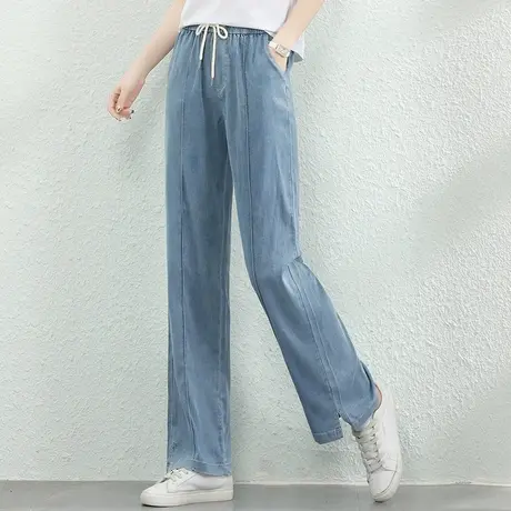 韩潮袭人松紧高腰阔腿天丝牛仔裤女2023夏新款休闲拖地长裤子薄款商品大图