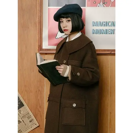 omont蛋挞家 复古宽松学院双排扣毛呢大衣女中长款翻领外套秋冬商品大图