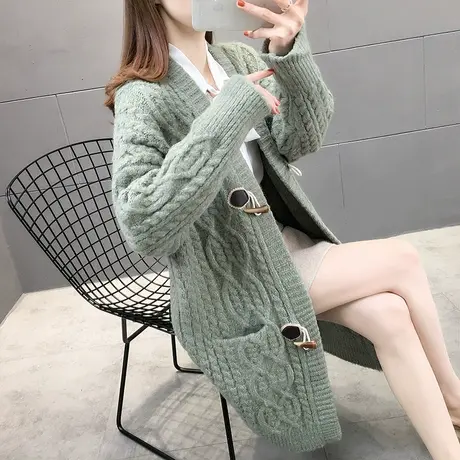 中长款加厚麻花宽松毛衣外套女春秋款2023新款牛角扣针织开衫洋气图片