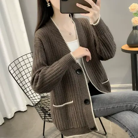2023秋季新款宽松外穿上衣洋气百搭V领单排扣针织开衫女毛衣外套商品大图