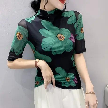 时尚半高领上衣女中袖性感网纱小衫早秋2023新款印花复古T恤ins潮商品大图
