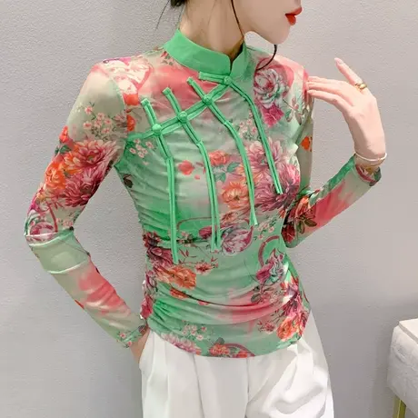 复古印花T恤女长袖2023秋季新款设计感立领盘扣上衣网纱打底衫潮商品大图