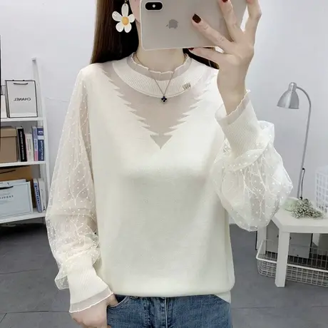 宽松薄款春装2023年新款长袖洋气蕾丝针织打底衫网纱内搭百搭上衣商品大图