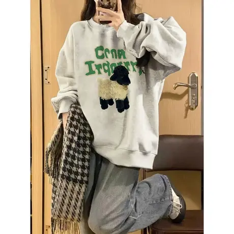 美式复古oversize卫衣女2023新款爆款秋冬设计感别致宽松长袖上衣图片