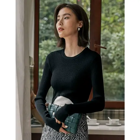 弥古黑色假两件长袖女t恤上衣短款秋季撞色针织衫显瘦内搭打底衫图片