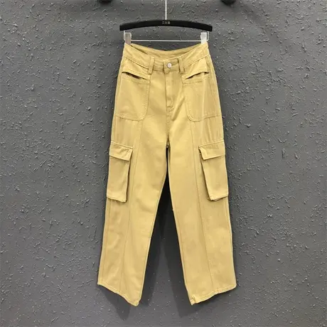 美式卡其色工装裤女2023秋季新款高腰显瘦休闲宽松显瘦牛仔直筒裤商品大图