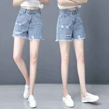 蓝色破洞女士牛仔短裤夏季高腰时尚毛边阔腿裤新款韩版显瘦热裤潮商品大图