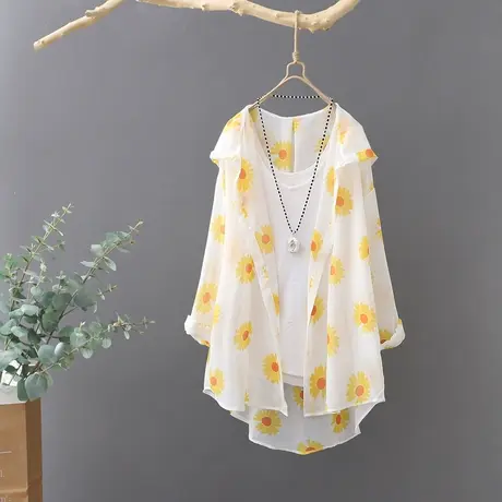 2023夏季新款连帽印花雪纺衬衫女长袖外出防晒衣宽松薄外套开衫潮商品大图