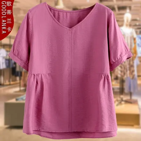加肥加大码胖妈妈夏装短袖T恤女200斤宽松时尚V领遮肚雪纺衫上衣商品大图