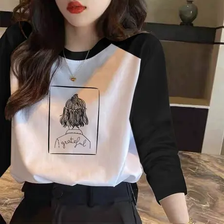 2023年春装新款纯棉长袖t恤女宽松大码上衣打底衫潮学生百搭小衫图片