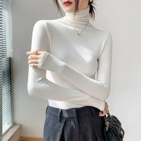 高领长袖T恤女2023早春新款纯色磨毛修身配大衣的内搭上衣打底衫图片